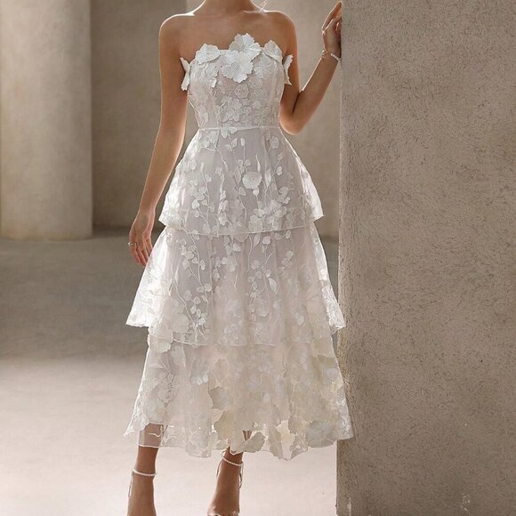 White Elegant Women's 3d Floral Decor Strapless Party Dress - Picture 4 of 7